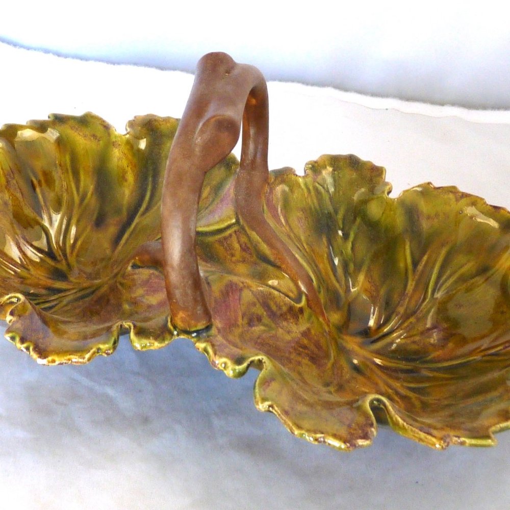 Vintage mid century divided leaf serving dish hand painted ceramic Thanksgiving